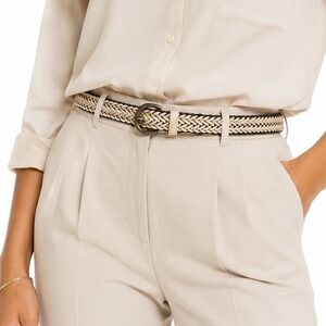 LOFT Braided Leather Belt Tri-Tone Cream Black Tan Woven Brass Buckle Chic 47-87